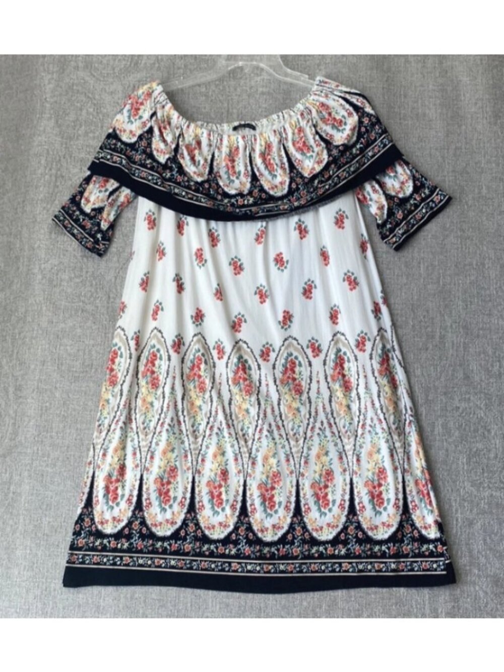 Sweet Claire Dress Women’s Large White Black Floral Off the Shoulder Stretch